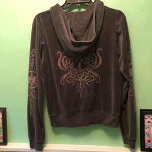 Gray Velour Hooded Jacket with Embellishments